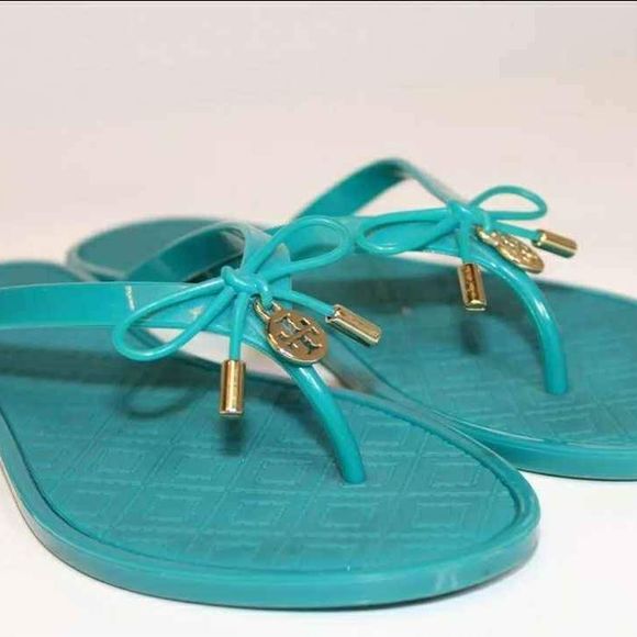 Tory Burch Designer Womens Teal Blue Jelly Bow Thongs Flip Flops Sandals Size 7 - Picture 2 of 10